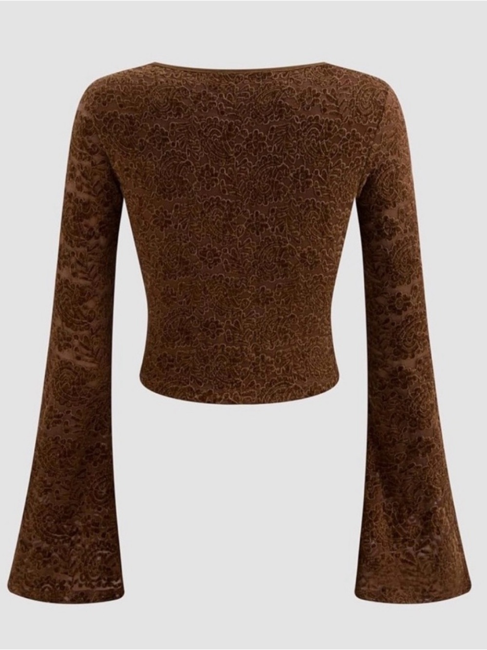 Cider Brown Lace-Textured Square-Neck Tie-Front Crop Top - Picture 2 of 5